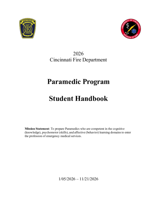 Cincinnati Fire Department Paramedic Program Student Handbook cover page